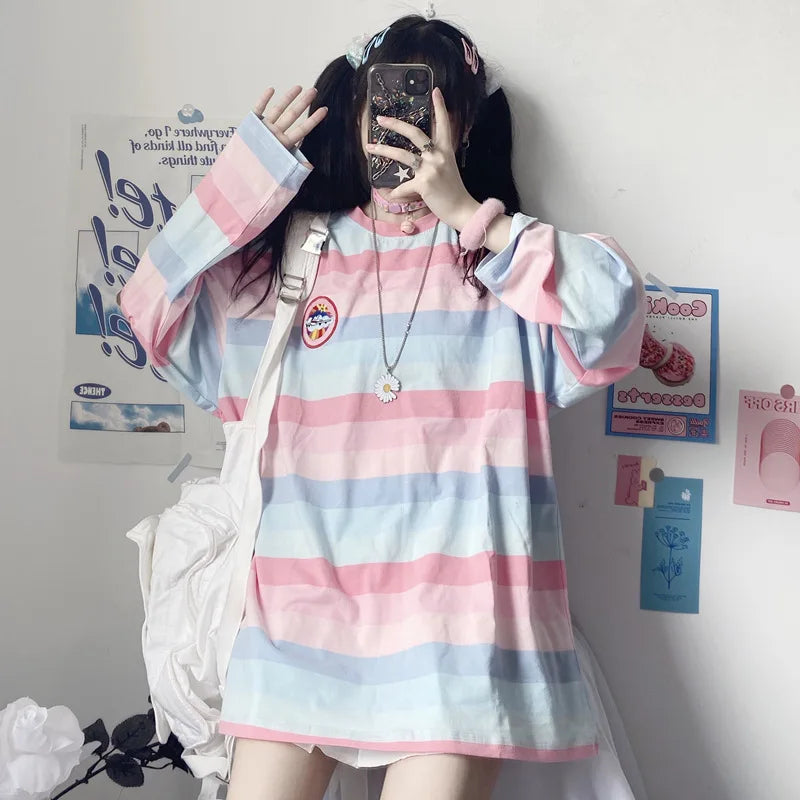 Loose Long Sleeve Striped T-Shirt Women's Base Shirt Student Style Korean Version Autumn New Arrival Female Top round Neck