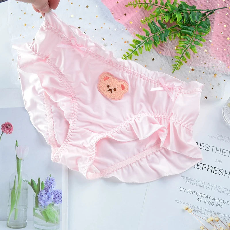 Cute Lovely Sweety Women Japanese Style Princess Lolita Bow Cartoon Bear Embroidery Milk Silk Panties  Underwear
