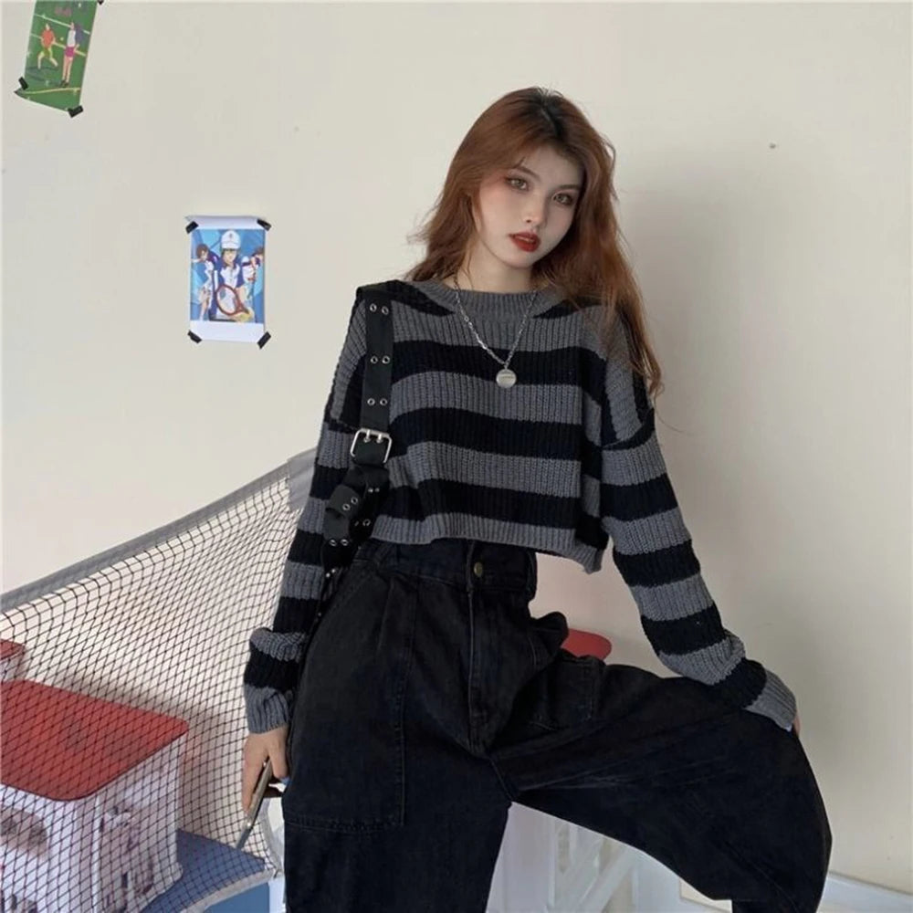 Black White Striped Cropped Sweater | Y2K Goth Knit Pullover