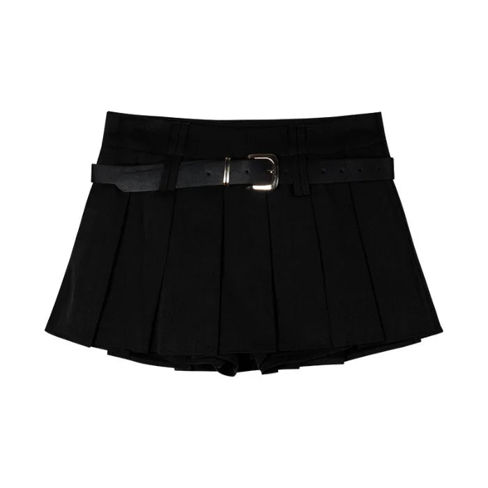Women's Low Rise Pleated Mini Skirt Sexy A-Line Short Skirt with Belt and Built-In Shorts for Summer