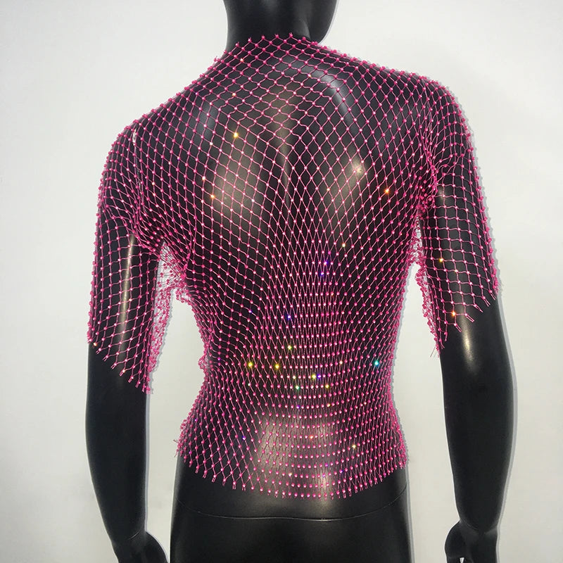 Sexy New Mesh Rhinestone Long Sleeve T Shirt Women Hollow See-through Fishnet Tops Summer Casual Shirt Party Club Women Clothing