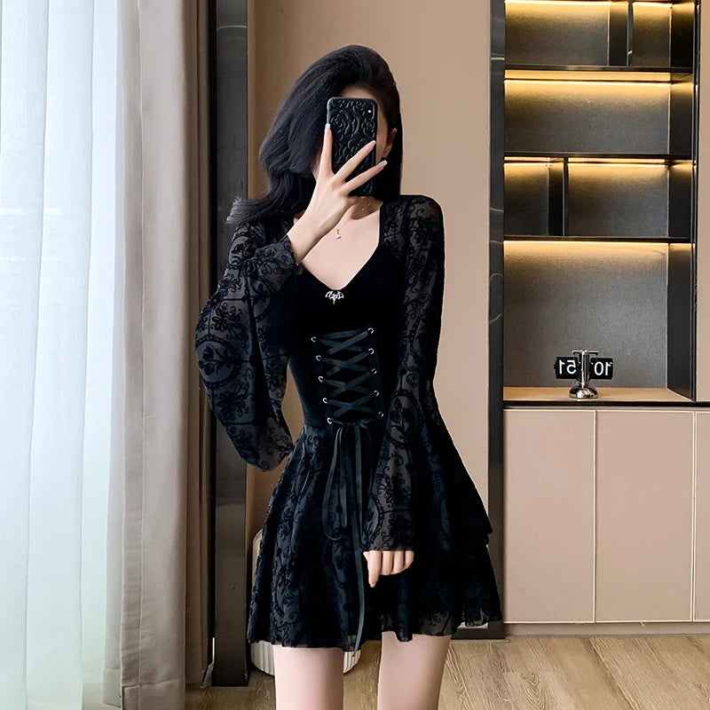 Y2K Black Velvet Flare Sleeve Mini Dress | Gothic Party Style