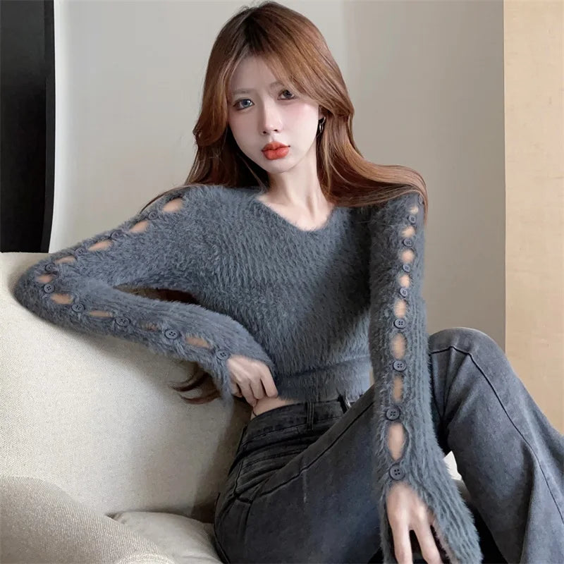 Sexy ort Knitted Sweater Women's Spring Autumn Soft Cozy Design Hole Knitwear Pure Desire Versatile Base Layer ort Top