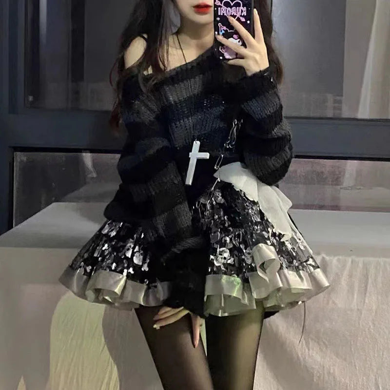 Distressed Oversized Striped Sweater Punk Grunge Knit Top
