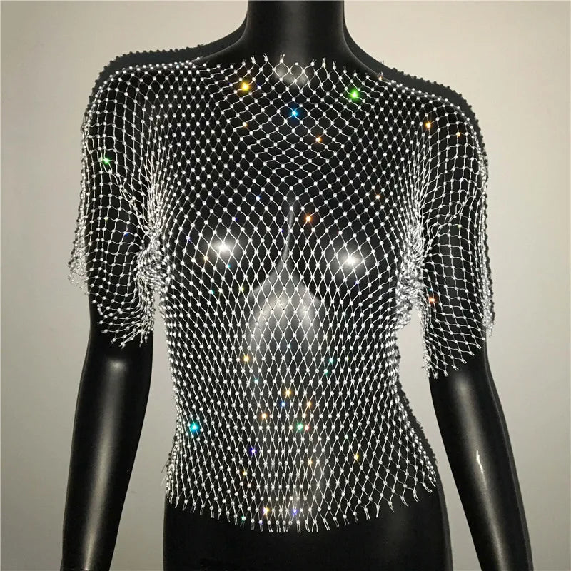 Sexy New Mesh Rhinestone Long Sleeve T Shirt Women Hollow See-through Fishnet Tops Summer Casual Shirt Party Club Women Clothing