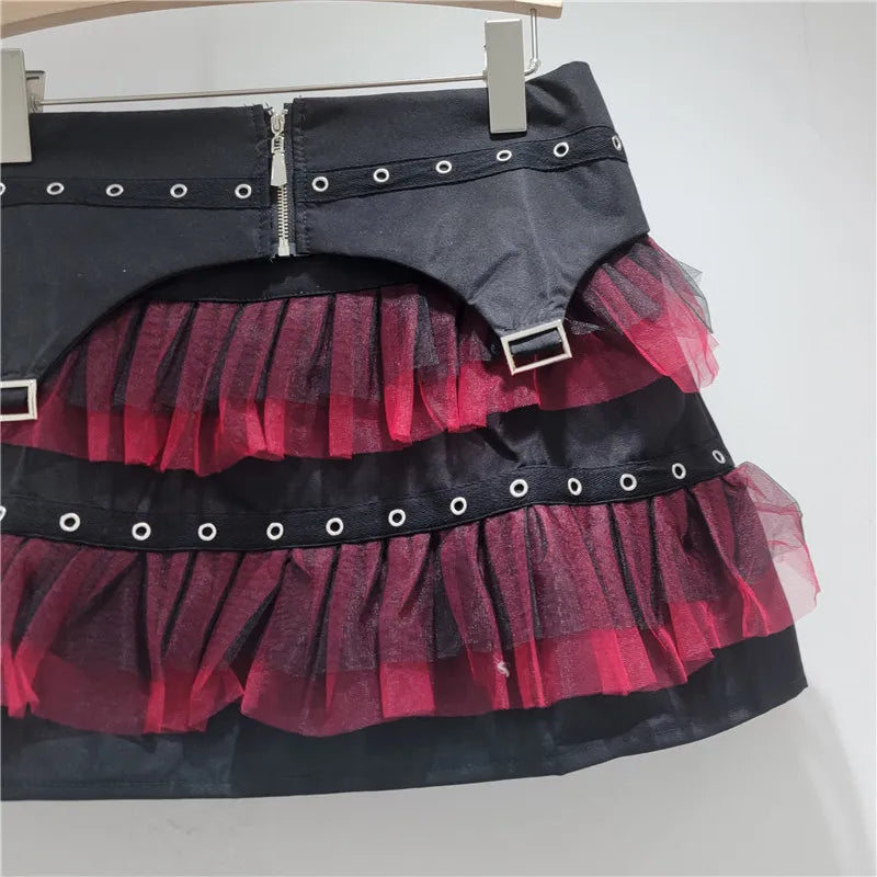 YEAE Ladies Diablo Spice Girl Corn Zipper Skirt Splicing Red Mesh Cake Skirt