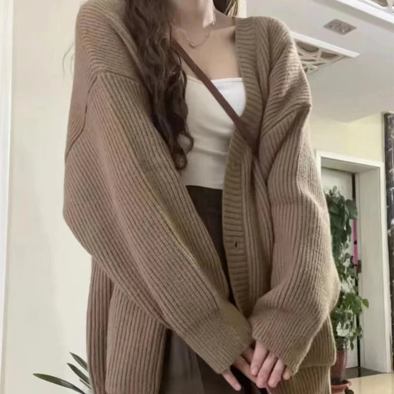 Gray Mid-Length Knitted Sweater Coat Women's Autumn Outerwear Japanese Lazy Vintage Milk System Soft Cozy Open Cardigan