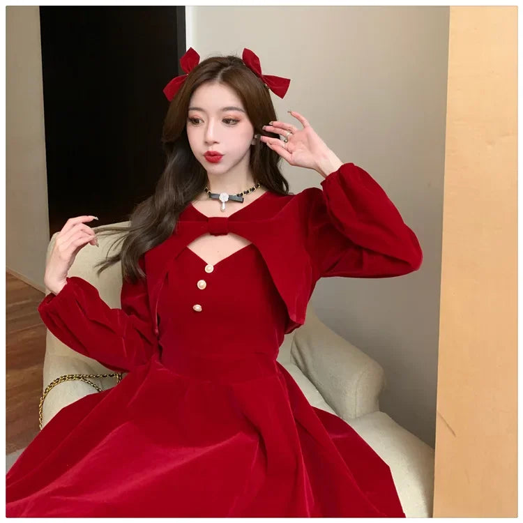Red Christmas & New Year Princess Dress Set | Slimming 2-Piece