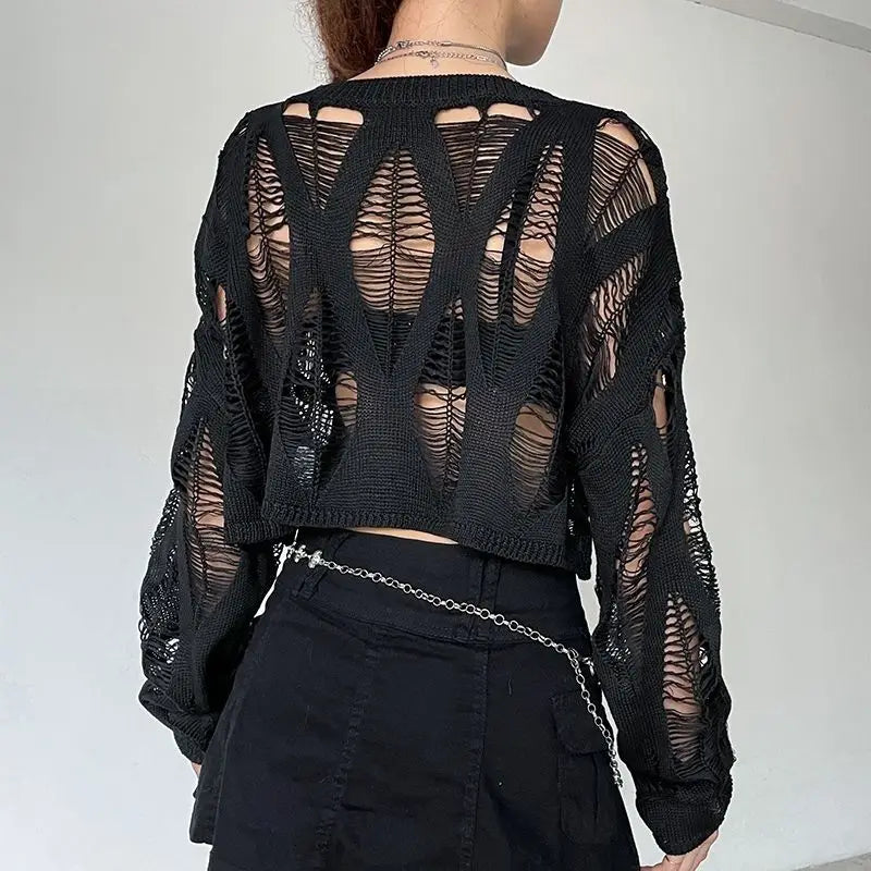 Women Hole Hollow Out Y2K T-shirts Batwing Sleeve Knitted Shirt for Women Punk Loose Streetwear Tops Spring Autumn 2026