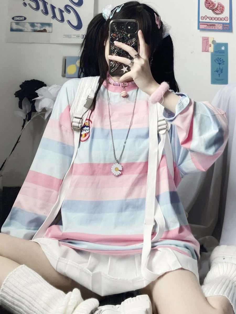 Loose Long Sleeve Striped T-Shirt Women's Base Shirt Student Style Korean Version Autumn New Arrival Female Top round Neck