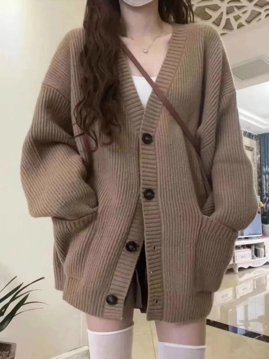 Gray Mid-Length Knitted Sweater Coat Women's Autumn Outerwear Japanese Lazy Vintage Milk System Soft Cozy Open Cardigan