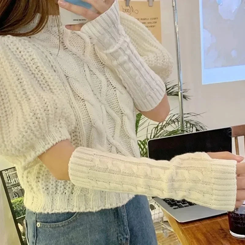 Y2K Knitted Striped Sleeves Gloves Autumn Winter Arm Warmer JK Long Fingerless Solid Colors Gloves Fashion Casual Girls Clothes