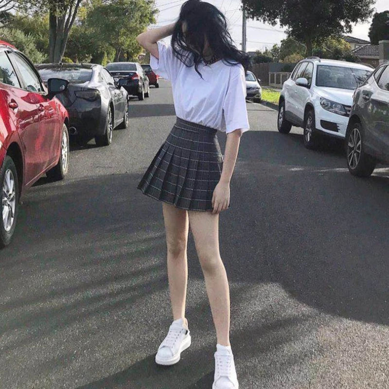 Pleated Skirt For Women 2023 Summer Grey Plaid  A-Line High Waist Mini Faldas Korean Style College Style Girl Black Short Skirts