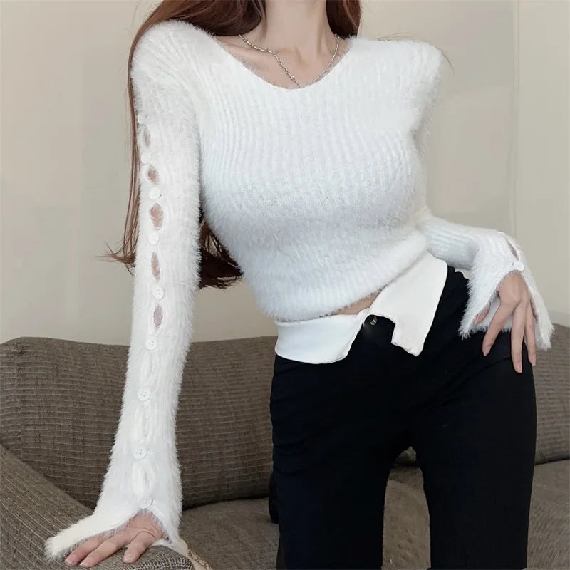 Sexy ort Knitted Sweater Women's Spring Autumn Soft Cozy Design Hole Knitwear Pure Desire Versatile Base Layer ort Top