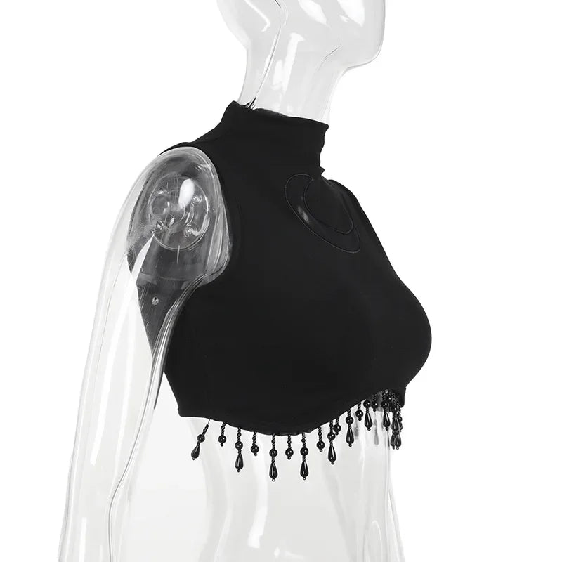 Goth Dark Cyber Y2K Skinny Turtleneck Tank Top Sexy Moon Chain Tassel Sleeveless Crop Tops Gothic Women Punk Streetwear Alt Vest