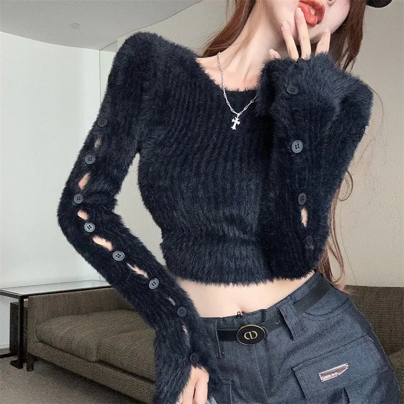 Sexy ort Knitted Sweater Women's Spring Autumn Soft Cozy Design Hole Knitwear Pure Desire Versatile Base Layer ort Top