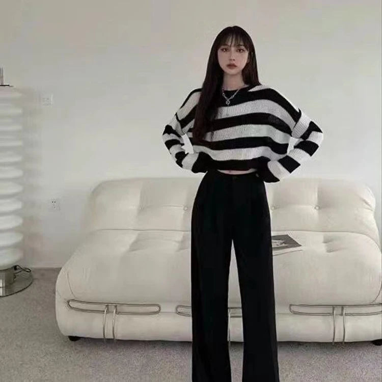 Black White Striped Cropped Sweater | Y2K Goth Knit Pullover