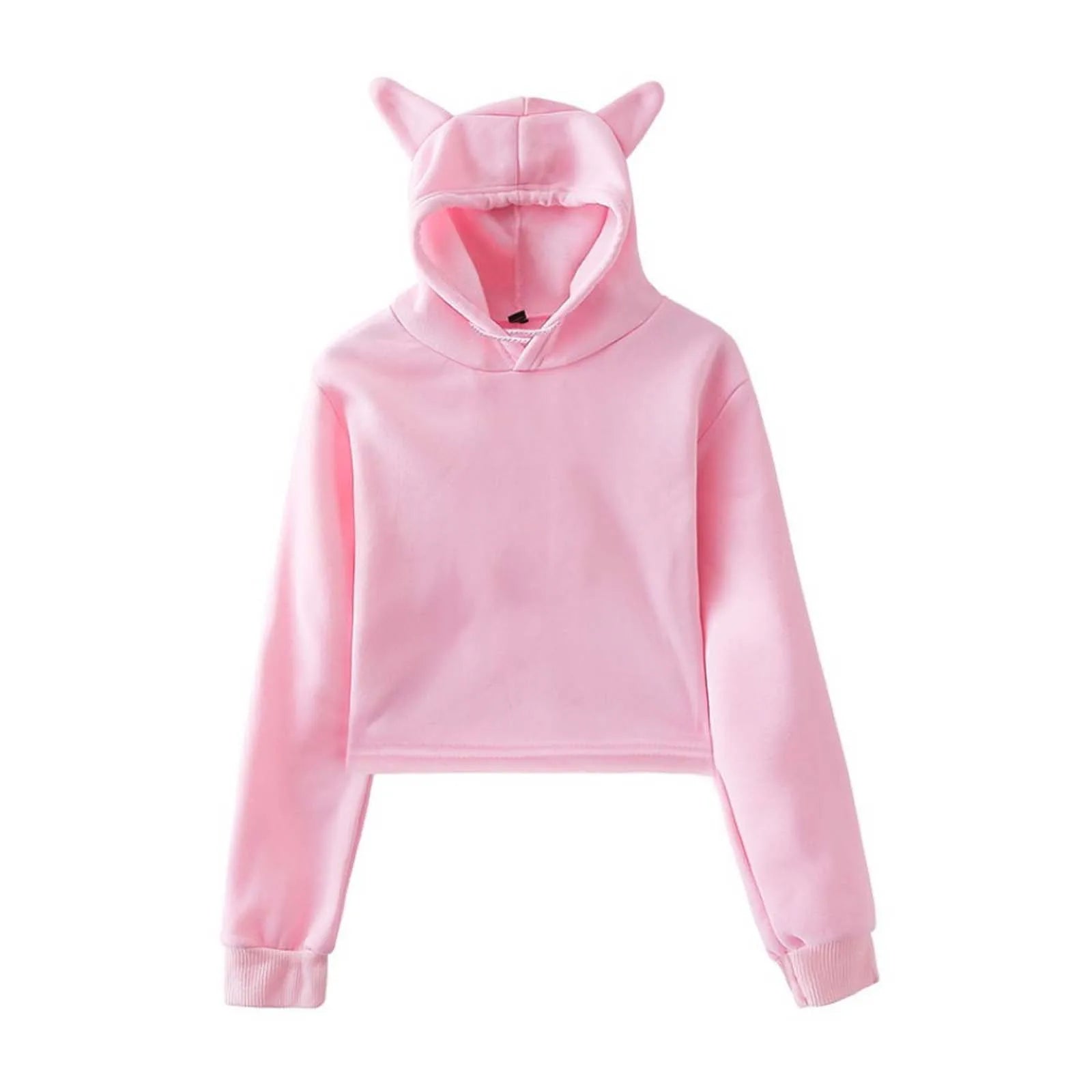 Women Sexy Short Hoodies Long Sleeve Fashionable Solid Color Cat Ear Cute Hooded Sweatshirt Autumn Spring Casual Crop Top Coat
