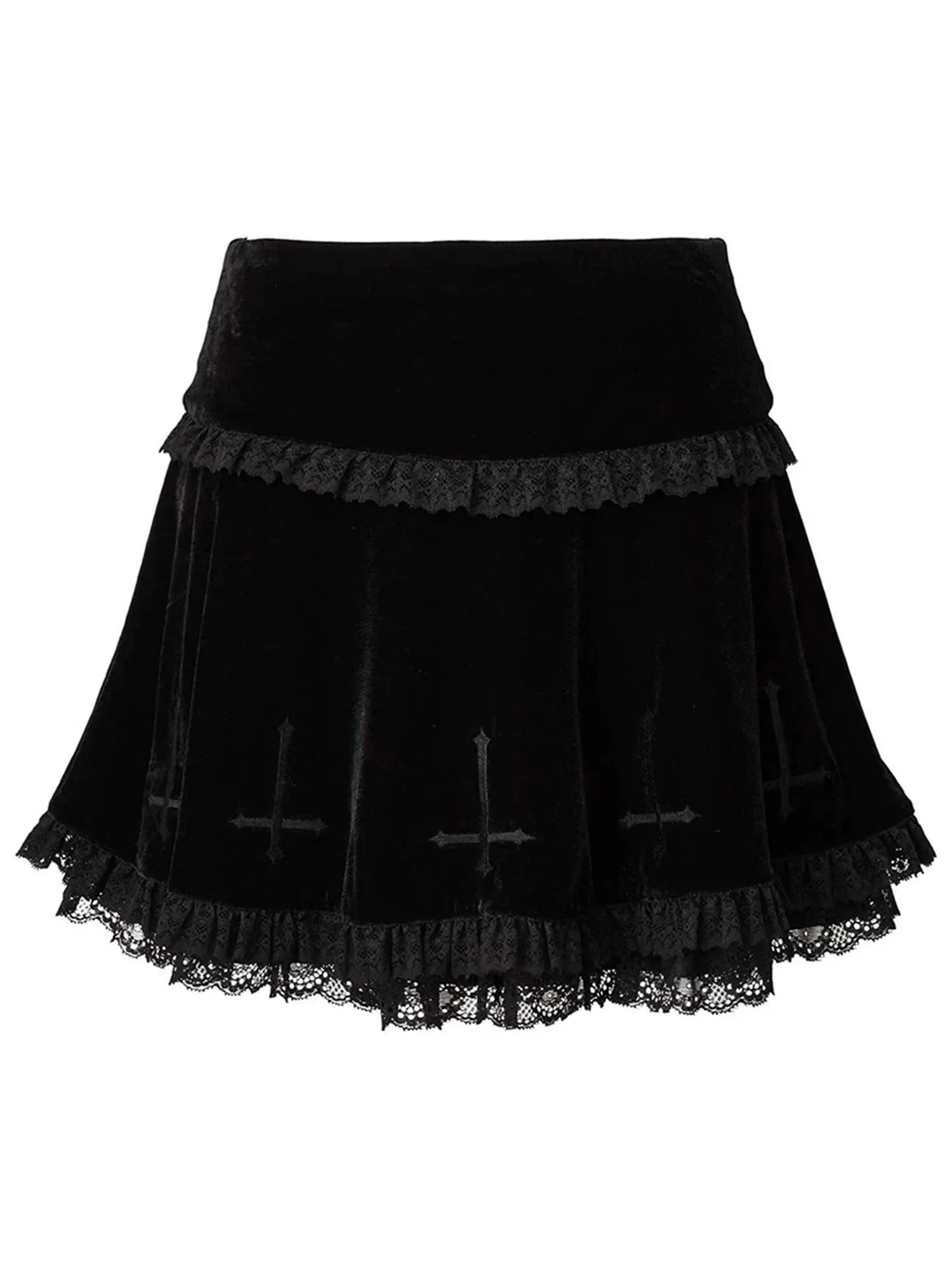 2024  Punk Cross Pattern Mini Skirt Y2K Grunge Gothic Black Lace High Waist Pleated A-line Skirt Vintage Women E-girl Clothes