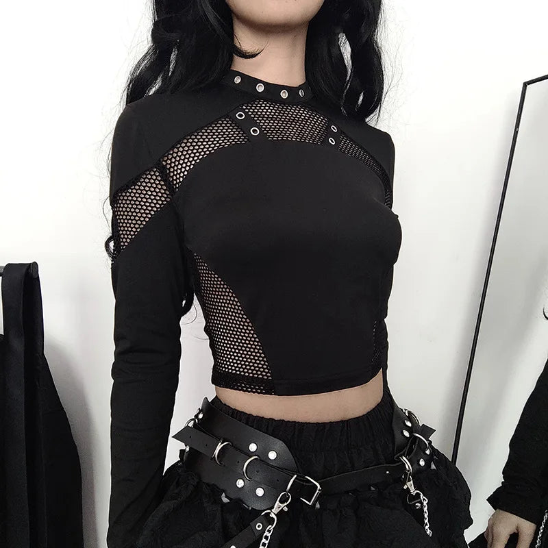 Goth Dark Techwear Cyber Gothic Fishnet Patches T-shirts Punk Grunge Hollow Out Skinny Crop Tops Black Eyelet Fashion Alt Clothe