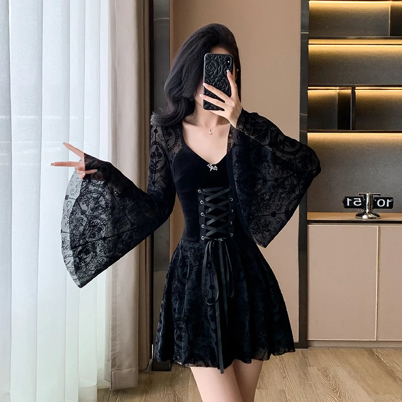 Y2K Black Velvet Flare Sleeve Mini Dress | Gothic Party Style