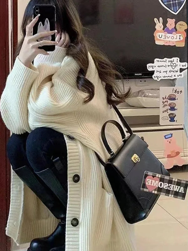 Gray Mid-Length Knitted Sweater Coat Women's Autumn Outerwear Japanese Lazy Vintage Milk System Soft Cozy Open Cardigan