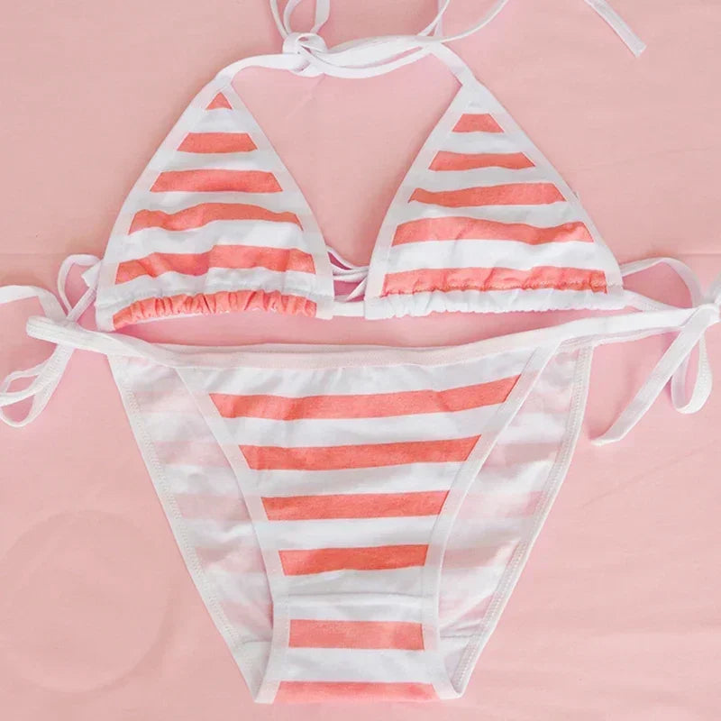Kawaii Blue Striped Seamless Cotton Bra & Panty Set