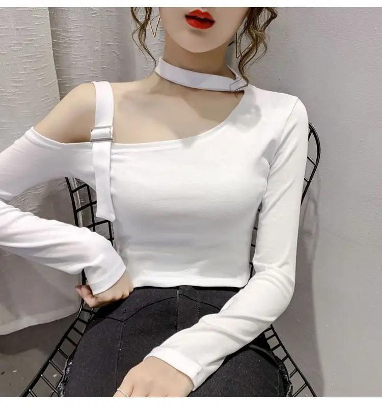 Chic Shoulder Bared Long Sleeve Base Shirt for Women Stylish Slim Fit Trendy Top Casual Loose Style Daily Wear Girl's Fashion