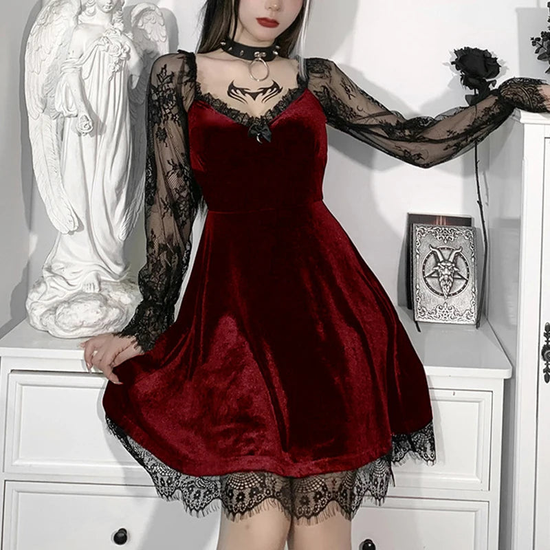 Dark Gothic Lace Mini Dress - Flare Sleeve V-Neck