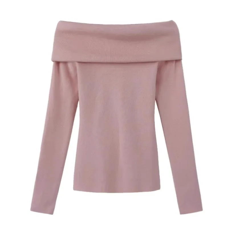 Black Shoulder-Bared Long Sleeve Knitted Sweater Women's Autumn New Style Slim Fit Inner Wear Base Top Korean Style Commute F...