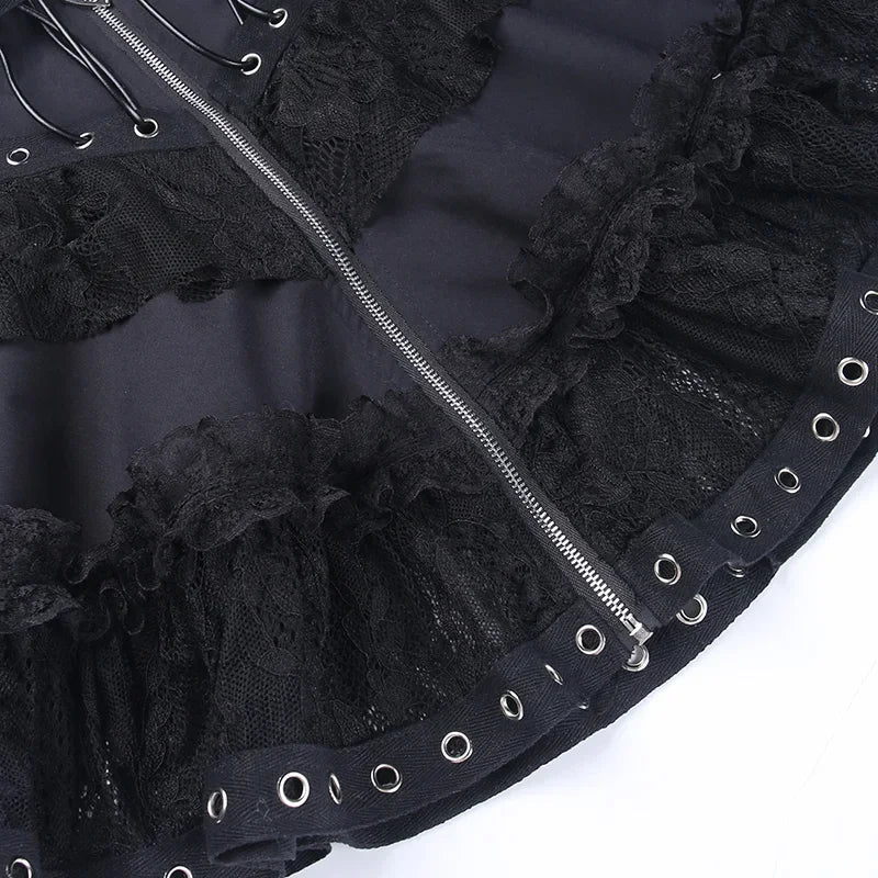 Black Women Punk High Waisted Goth Skirt Sexy Pleated Mini Skirt with Chain E Girl Lace-Up Tie PU Leather Corset Y2K Crop Tops