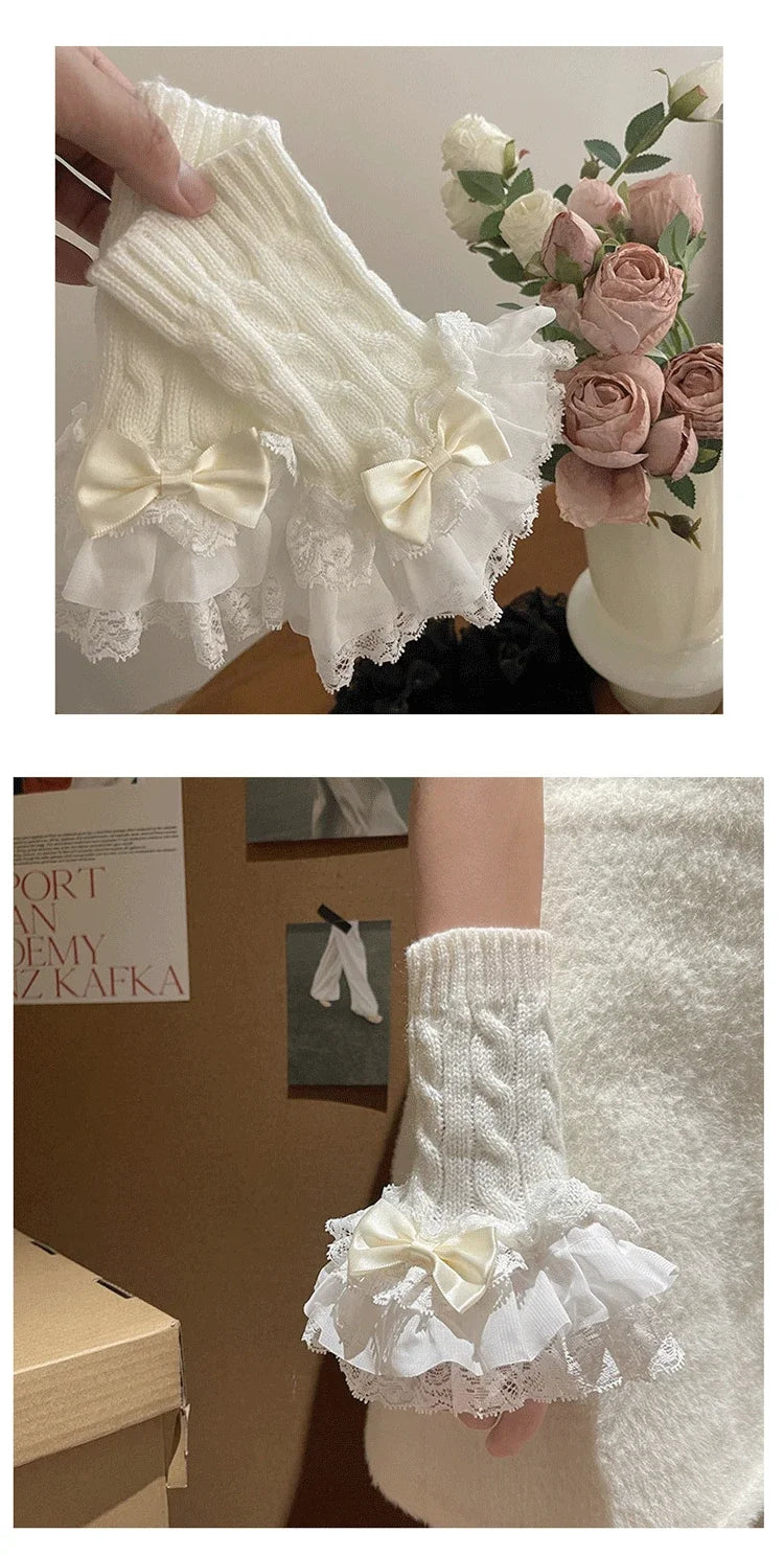 Lolita Lace Fall Winter Warm Sleeves Knitted Cute Fairy Bow Teenage Hand Sleeves Mittens Women