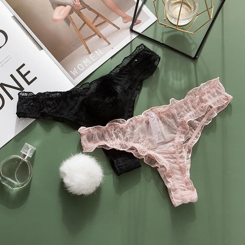Lace Mesh Rabbit Tail Thongs | Sexy Low-Rise Lingerie