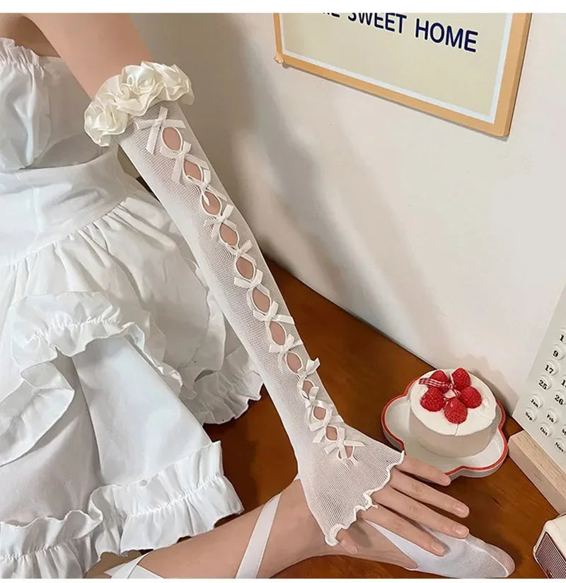 Women Thin Elastic Lace Mesh Bow Lolita Girl Cute Style Driving Glove Female Summer Sunscreen Anti-UV Wedding Dress Mitten
