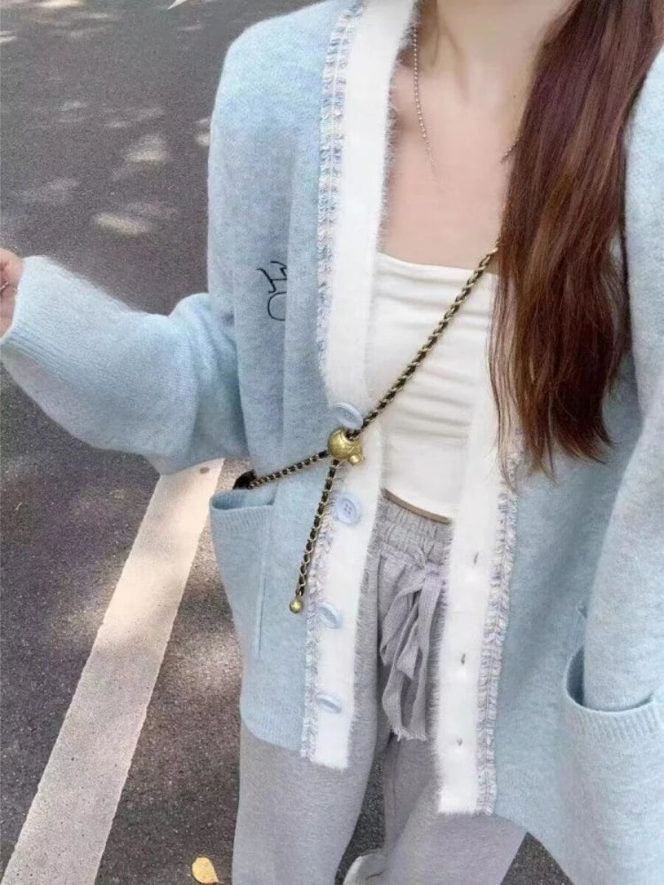 2025 Streetwear Patchwork Grunge Cardigan Women Single Breasted Loose Sweaters Knitted Y2k Aesthetic Contrast Color Pocket Coats