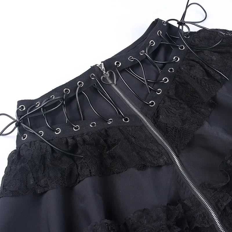 Black Women Punk High Waisted Goth Skirt Sexy Pleated Mini Skirt with Chain E Girl Lace-Up Tie PU Leather Corset Y2K Crop Tops