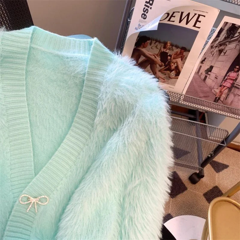 2026 Spring Autumn Women's Sweater Cardigan Jacket New Loose V-neck Imitation Mink Fur Sweater Jacket Female Knitted Tops Coat