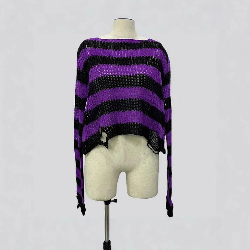 Distressed Oversized Striped Sweater Punk Grunge Knit Top