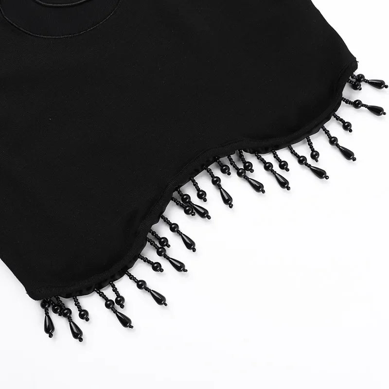Goth Dark Cyber Y2K Skinny Turtleneck Tank Top Sexy Moon Chain Tassel Sleeveless Crop Tops Gothic Women Punk Streetwear Alt Vest