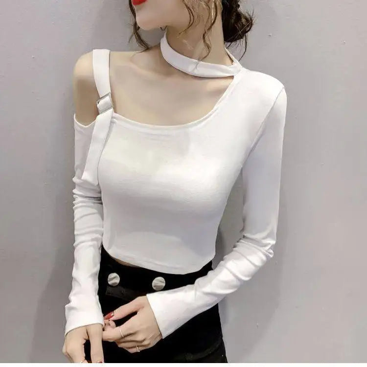 Chic Shoulder Bared Long Sleeve Base Shirt for Women Stylish Slim Fit Trendy Top Casual Loose Style Daily Wear Girl's Fashion