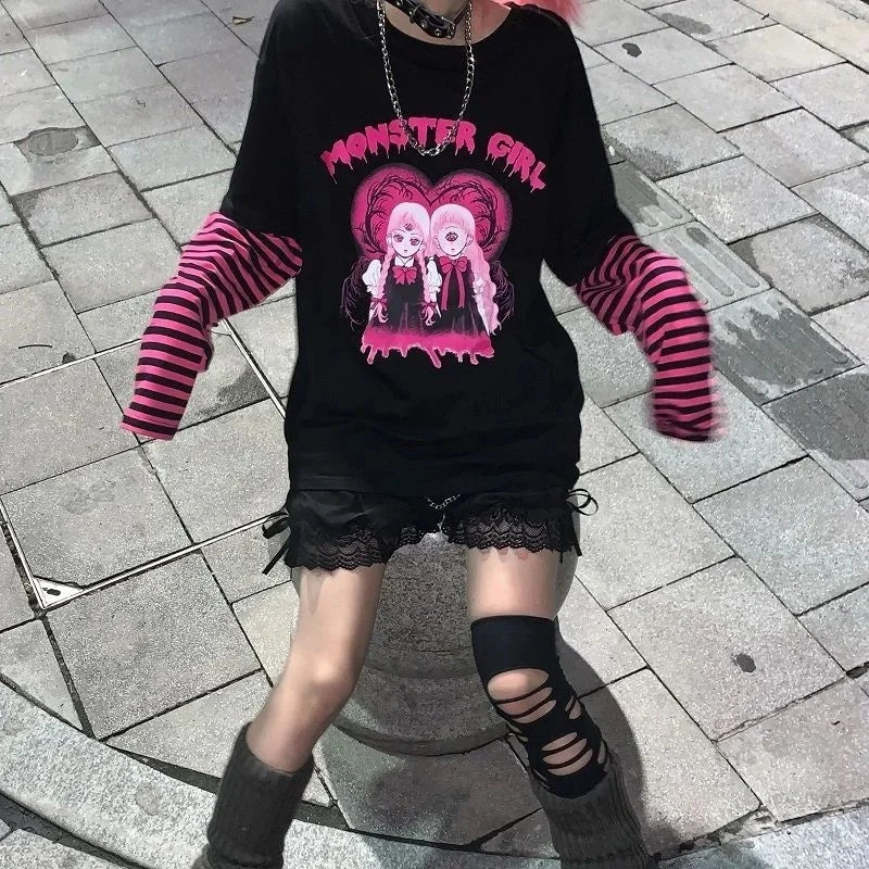 Japanese anime black women's T-shirt early autumn new loose original night style long sleeve hot girl trend women's tops emo