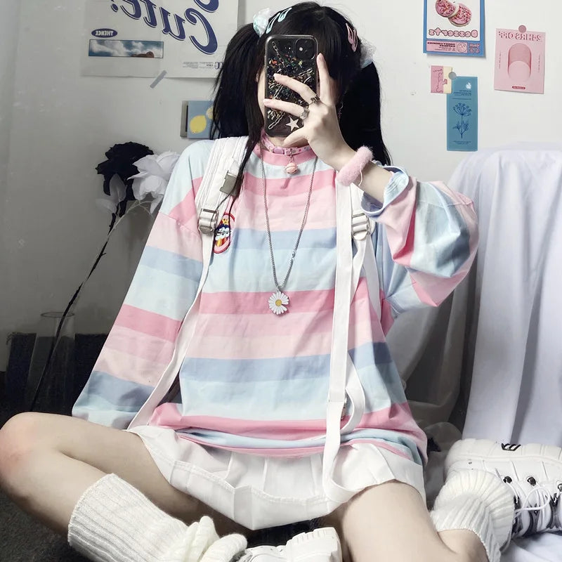 Loose Long Sleeve Striped T-Shirt Women's Base Shirt Student Style Korean Version Autumn New Arrival Female Top round Neck