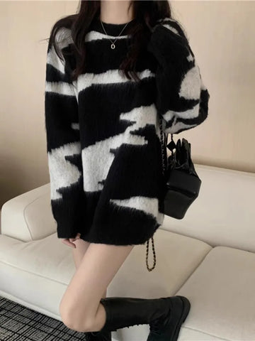 Korean Color Block Zebra Knit Sweater | Oversized Winter Pullover