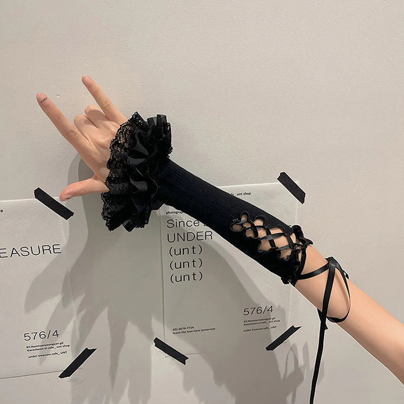 Black White Lace Strap Arm Sleeves Vintage Ribbon Bow Gothic Gloves for Women Girls Sweet Lolita Cuffs Covers Sunscreen Sleeves