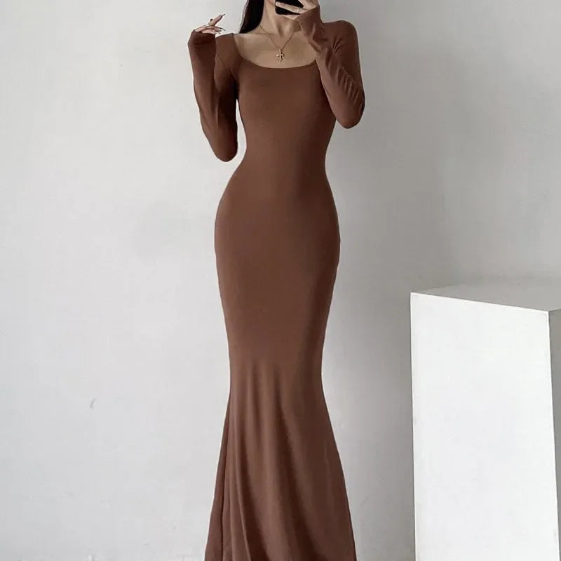Elegant High-Waisted Fishtail Long Dress - Slimming Autumn Chic