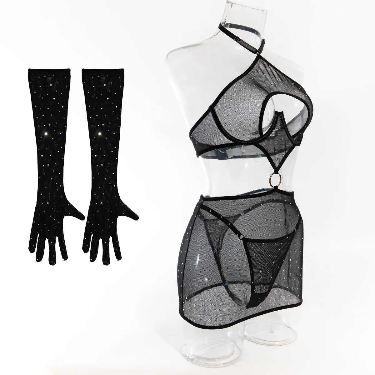 Dazzling Sequin Mesh Lingerie Set - Sexy Clubwear