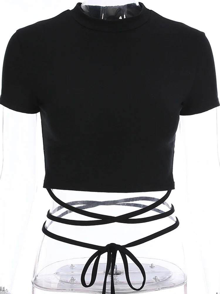 Summer Women Black Short T-Shirts Sexy Crop Tops Short Sleeve Bandage Tee Tops Female Shirts
