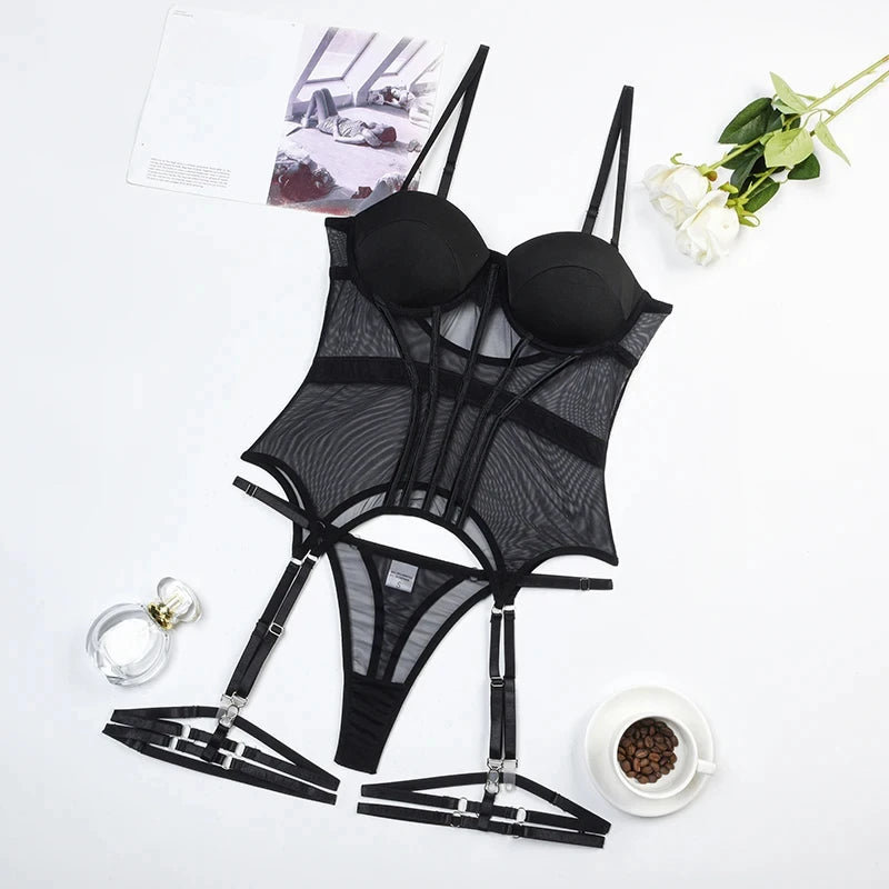 Alluring Backless Tatting Lingerie Set | 3-Piece Garter Design