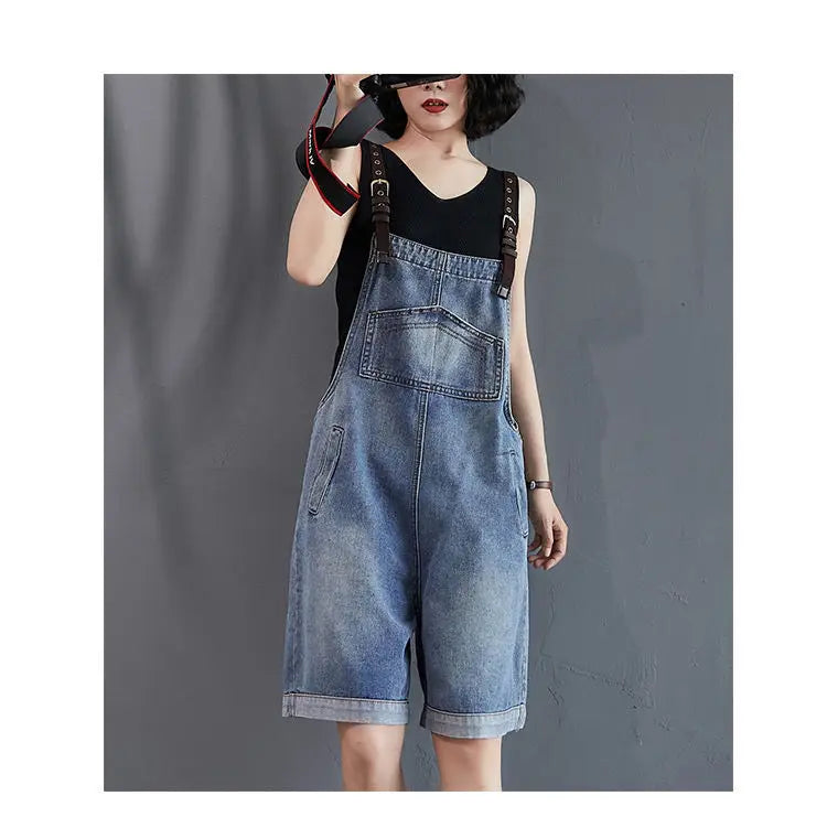 Cowboy Overalls Women's Jumpsuit Shorts 2025 Summer New Student Korean version Loose Denim Wide leg one-piece Suspender Shorts