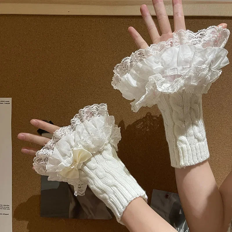 Lolita Lace Fall Winter Warm Sleeves Knitted Cute Fairy Bow Teenage Hand Sleeves Mittens Women